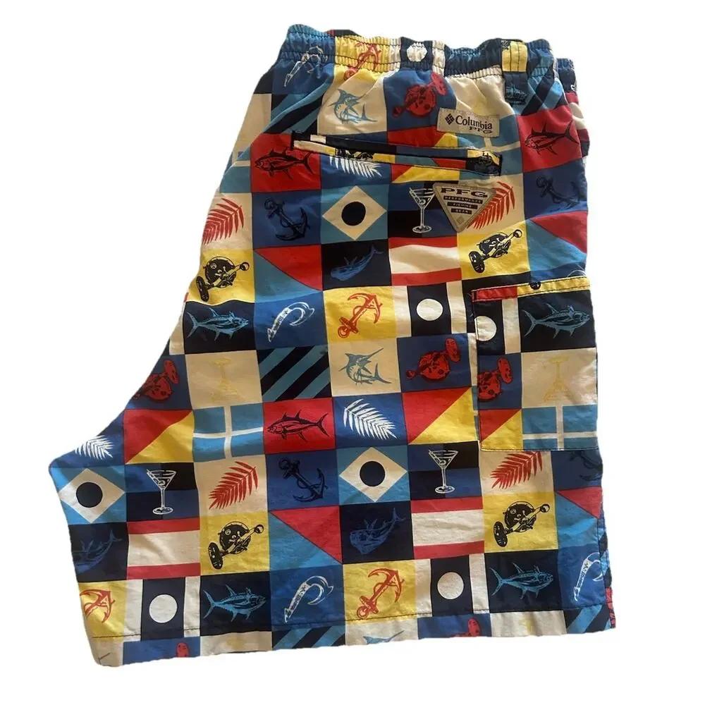 COLUMBIA PFG Men’s XL OMNI-SHADE Swim Trunks Colorful SAILING FLAGS‎ SHORTS Fish
